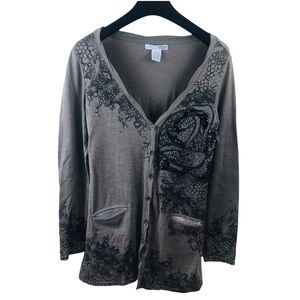 Cardigan Beaded Embellished Duster Brown Black Large Glam Rock Jacket Top